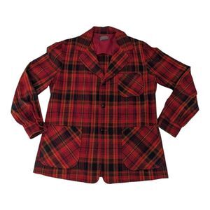 Vintage 70s Pendleton Wool‎ Plaid Hunting Jacket Medium Blazer Red Black Shirt
